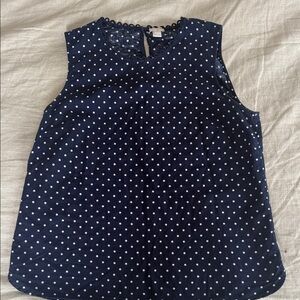 J. Crew Navy and White Linen/Cotton Polka Dot Top